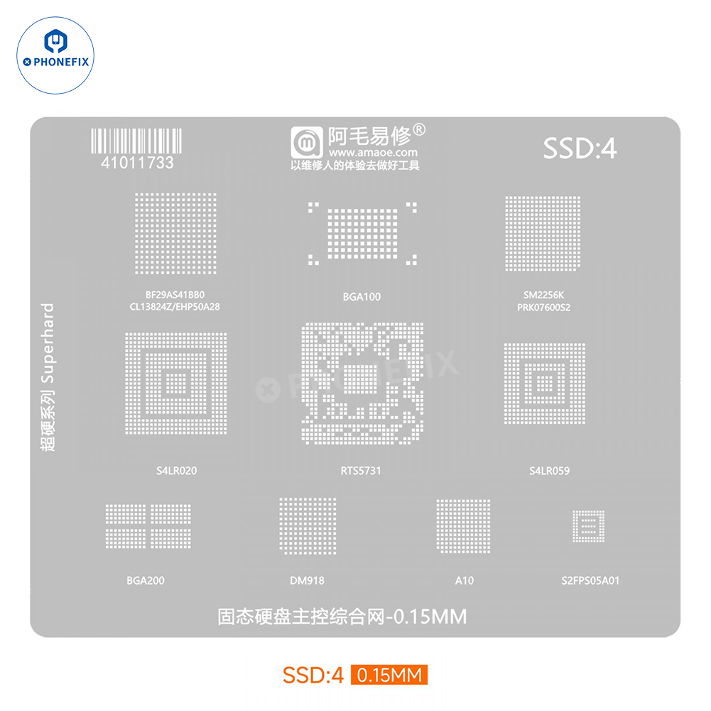 PhoneFix AMAOE SSD DDR BGA Reballing Stencil Template with 0.12mm net for precise rework and reballing of memory chips.