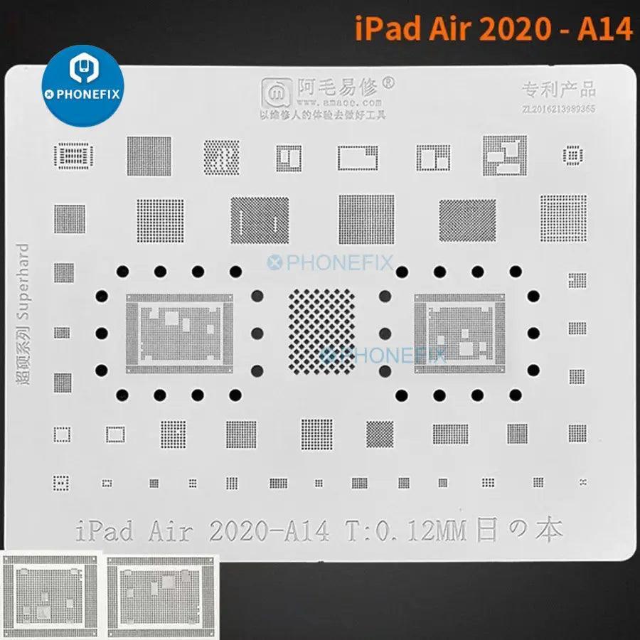 Amaoe BGA reballing stencil for iPad Air 2020 A14 CPU NAND chips, used for soldering repairs, by PHONEFIX.