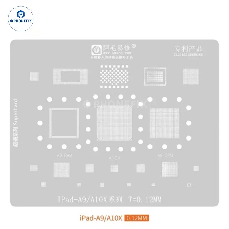 PHONEFIX Amaoe BGA Reballing Stencil for iPad A9/A10 CPU NAND chips, used for precise soldering and reballing repair.