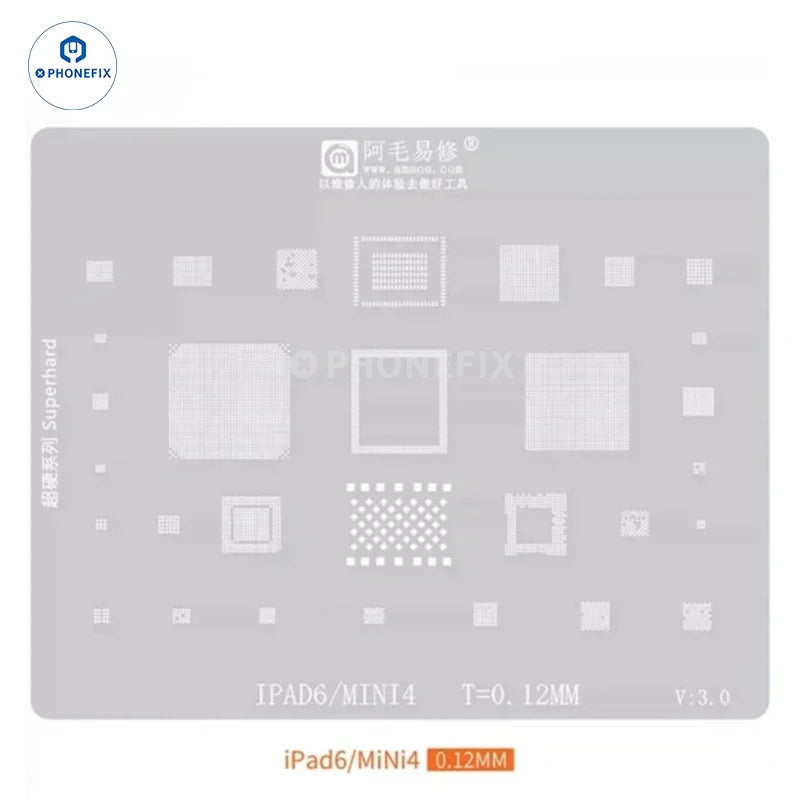 PHONEFIX Amaoe BGA Reballing Stencil for iPad CPU and NAND chips used for precise soldering and reballing repair tasks.