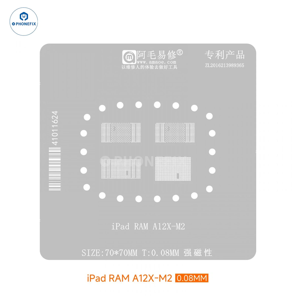 Phonefix Amaoe BGA reballing stencil for iPad M2 CPU and NAND chips, used for precise soldering and reballing repair.