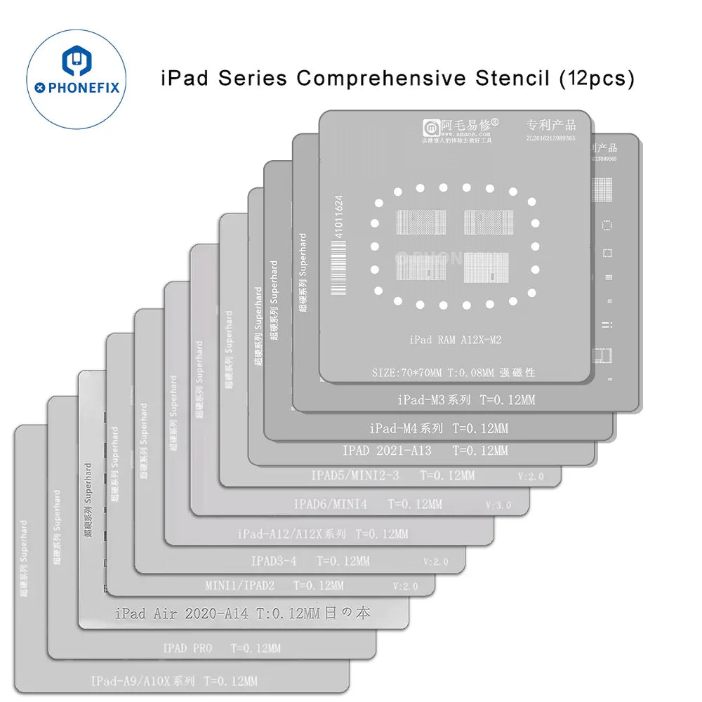 Set of 12 Amaoe BGA reballing stencils for iPad series CPU and NAND chips, used for precise soldering and reballing repairs.