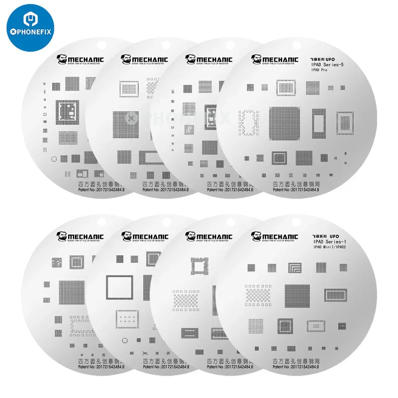 BGA reballing stencil set for iPad with round holes, designed for precise composite rework, by PHONEFIX.