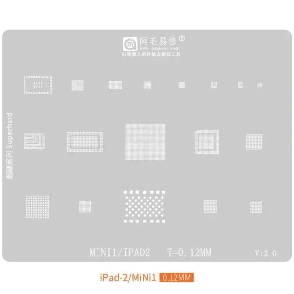 PHONEFIX BGA Reballing Stencil for iPad Mini with UFO-shaped hole, used for precise reballing and repair of Apple iPad tablets.