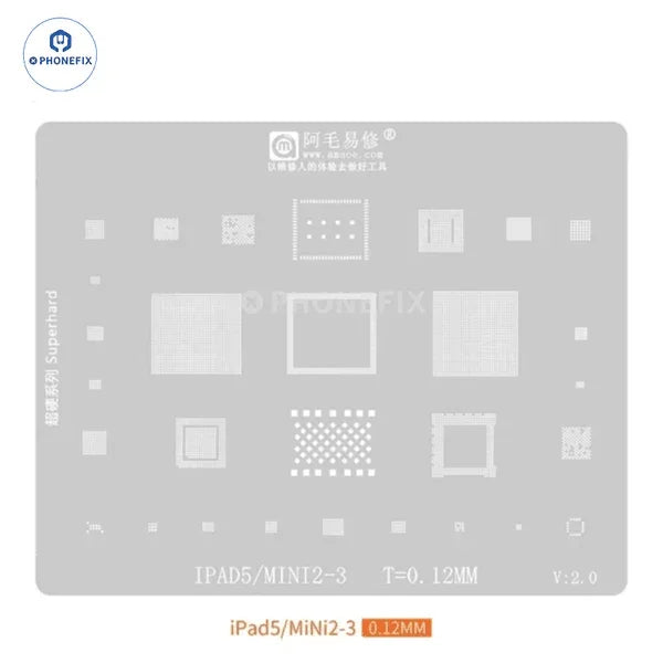 PHONEFIX BGA reballing stencil for iPad, UFO-shaped hole design, used for precise iPad repair and reballing processes.