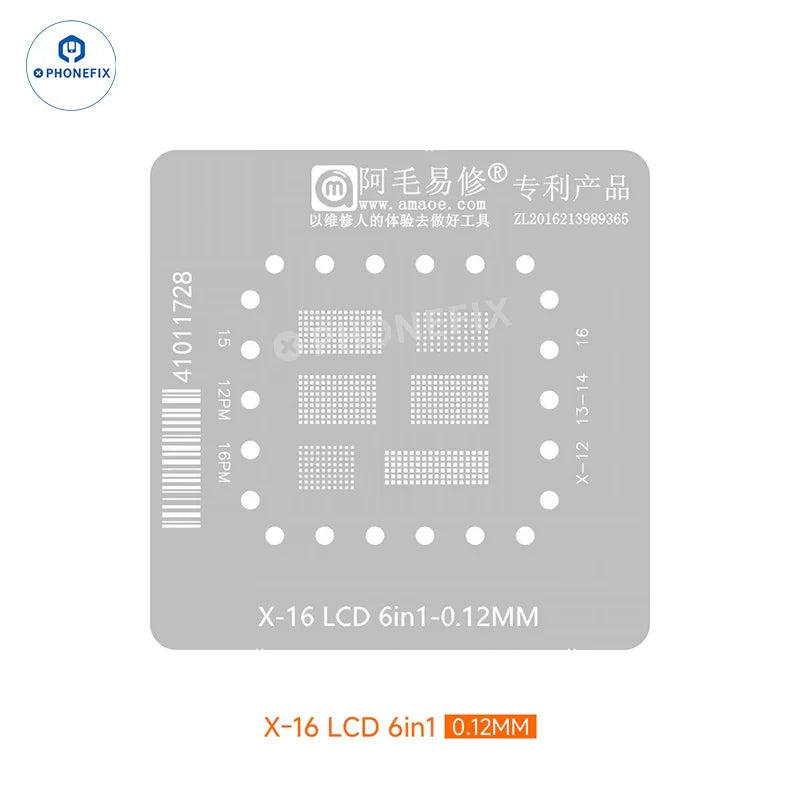 PhoneFix Amaoe iPhone X-16 BGA reballing stencil with tin planting platform and LCD IC set for precise reballing repairs.