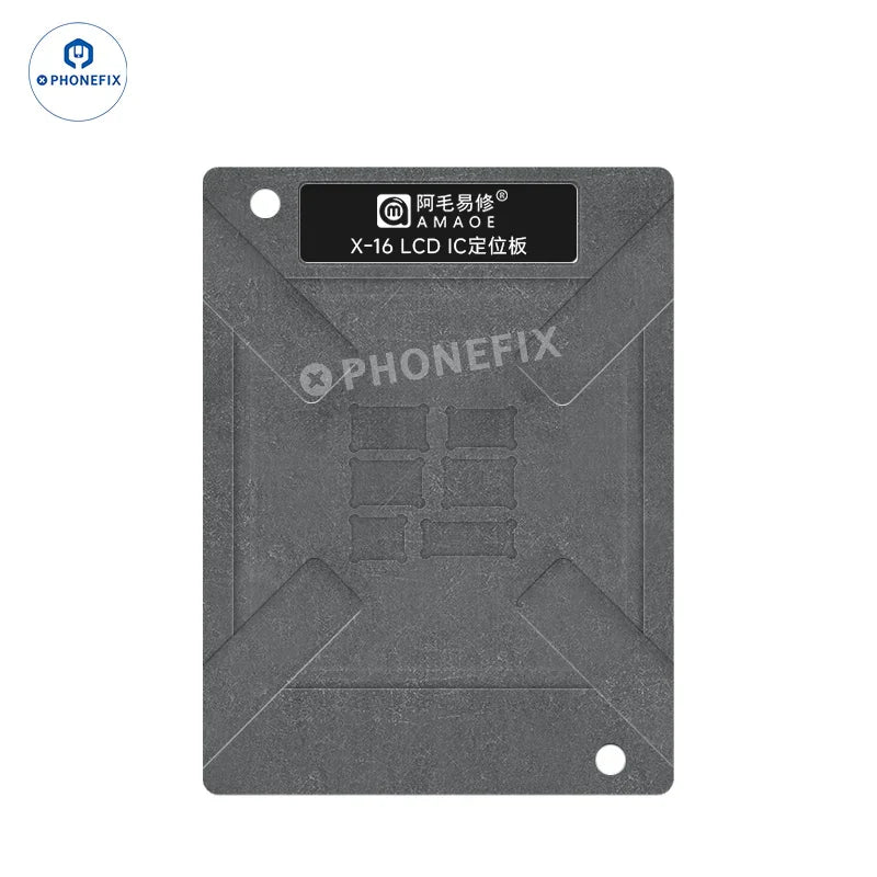 PhoneFix Amaoe iPhone X-16 BGA reballing stencil with LCD IC set for precise reballing and tin planting on iPhone X screens.