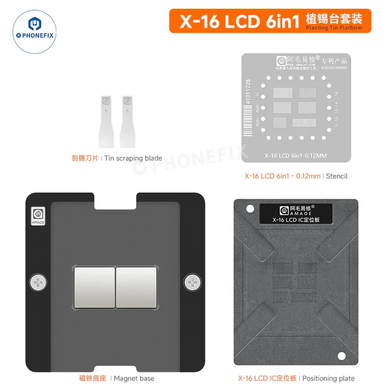 PhoneFix Amaoe iPhone X-16 BGA reballing stencil with tin planting platform and LCD IC for precise rework and repair.