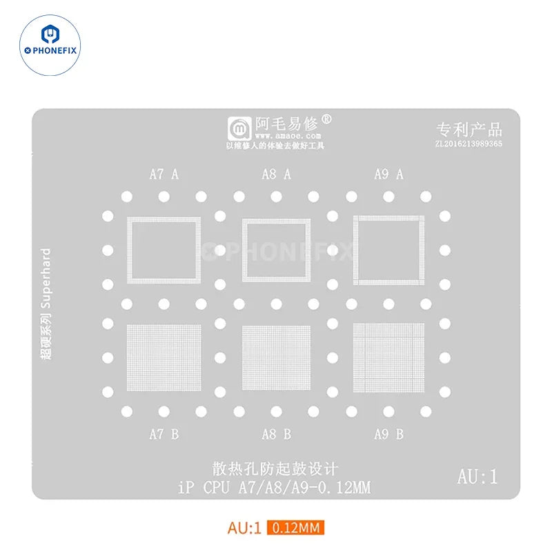 Phonefix Amaoe AU1-4 BGA reballing stencil for iPhone CPU and RAM A13 A14, showing detailed metal pattern on the stencil sheet.