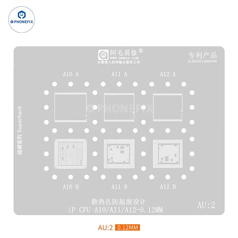 Phonefix Amaoe AU1-4 BGA reballing stencil for iPhone CPU and RAM A13 A14 with detailed metal design and precision openings.