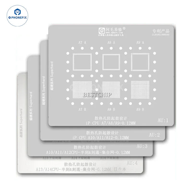 Amaoe AU1-4 BGA reballing stencil for iPhone CPU and RAM A13 A14 chips, designed for precise rework and repair.