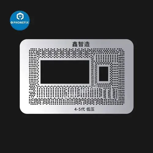 Kit de plantillas de reballing BGA de XinZhiZao para la reparación de chips de MacBook de PHONEFIX, que muestra la plantilla de precisión y las herramientas para el reballing de la CPU.