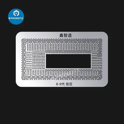 Kit de plantillas de reballing BGA XinZhiZao para la reparación de chips de CPU de MacBook de PHONEFIX, que muestra el diseño de la plantilla y los componentes.