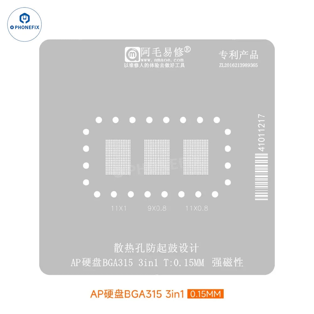 PHONEFIX BGA Reballing Stencil for BGA110 and BGA315 NAND chips, 3-in-1, 0.15mm thickness, suitable for reballing platform.