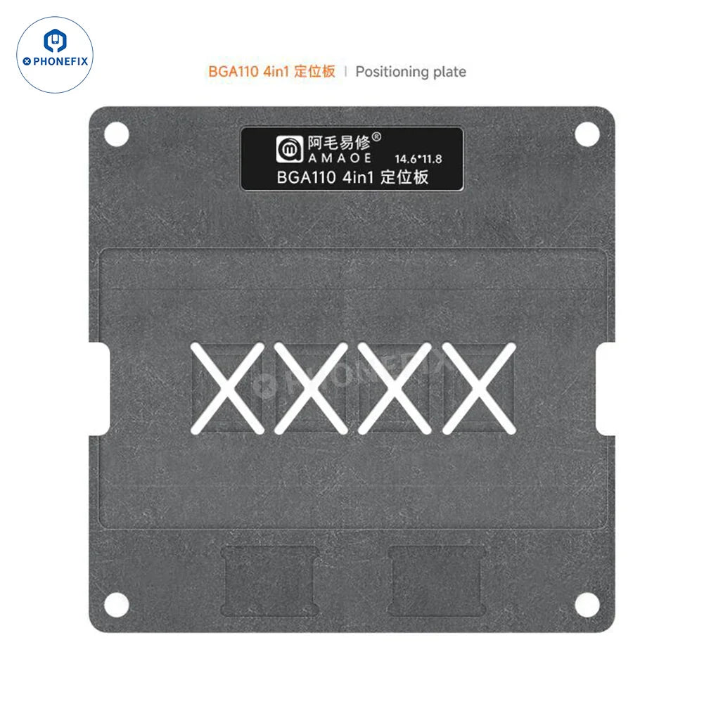 PHONEFIX BGA110 BGA315 NAND chip reballing stencil with 4-in-1 positioning mold for precise BGA reballing and repair.