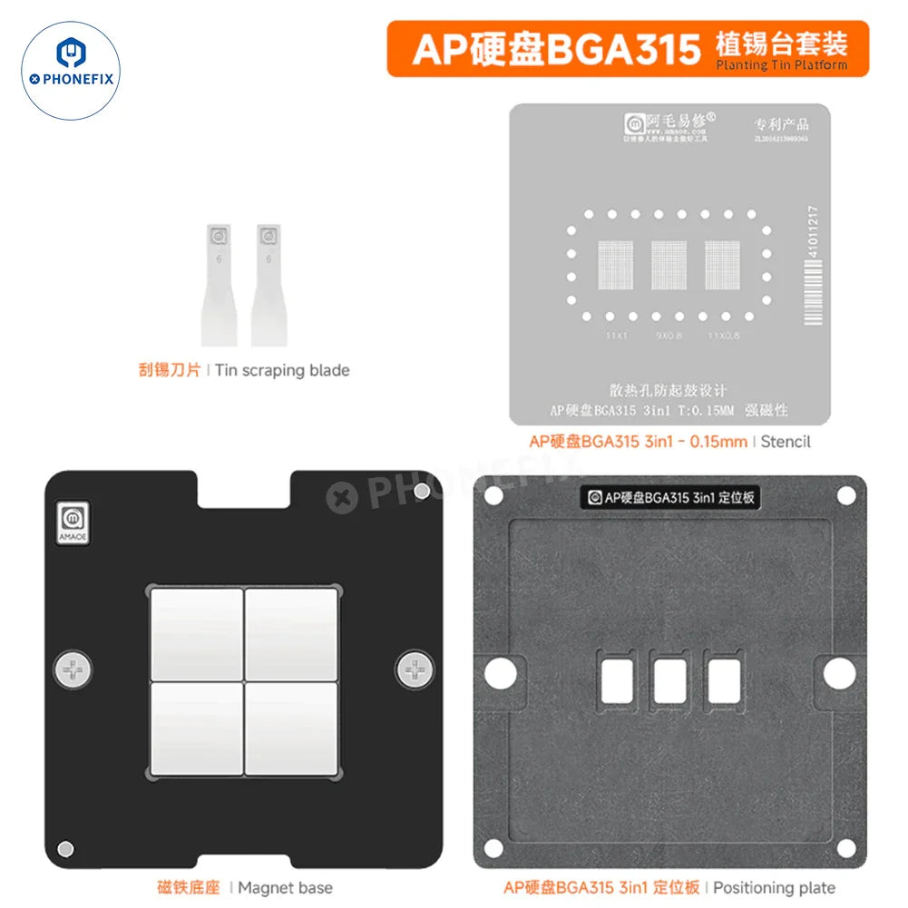 PHONEFIX BGA315 BGA Reballing Stencil for NAND chips, used in BGA reballing platform applications, shown in the image.