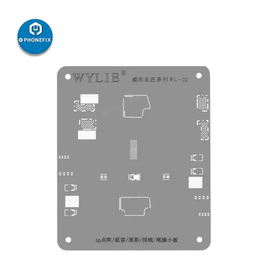 WYLIE WL-02 Black Dot Matrix BGA Reballing Stencil for iPhone 12 Face ID repair by PHONEFIX, showing the stencil with black dots.