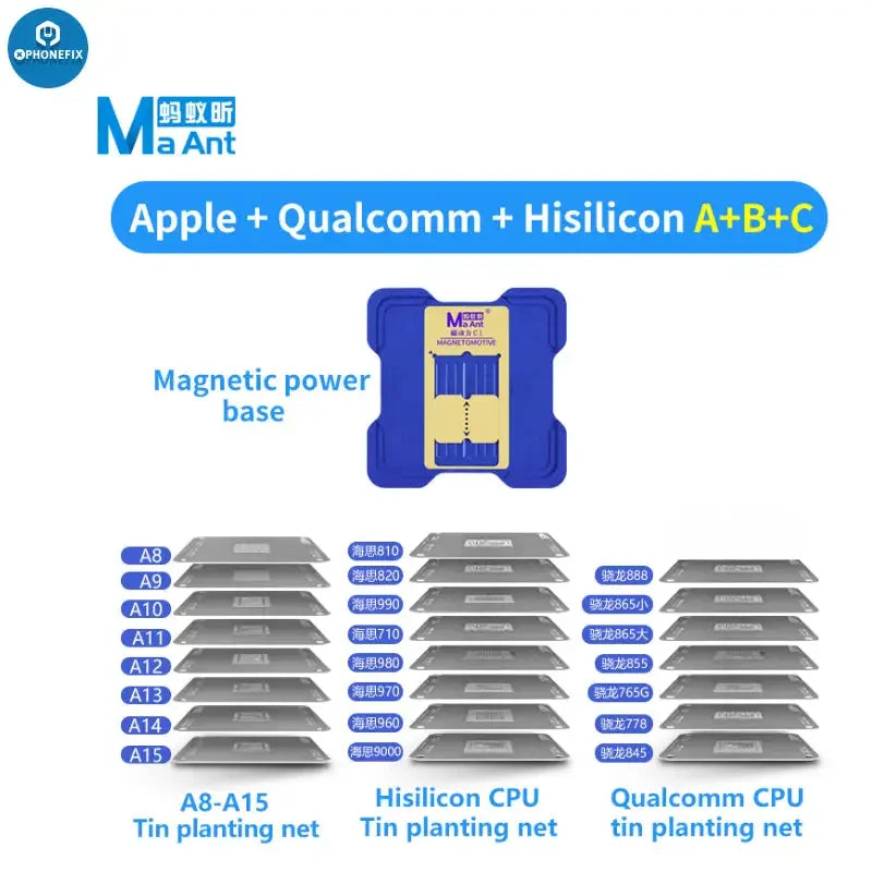 MaAnt C1 Tin Planting Platform for iPhone Qualcomm Hisilicon CPU BGA reballing stencil by PHONEFIX, used for precise chip rework.