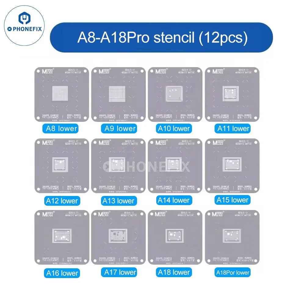 PHONEFIX MaAnt C1 Tin Planting Platform BGA reballing stencil for iPhone Qualcomm Hisilicon CPU repair, shown with stencil layout and tools.