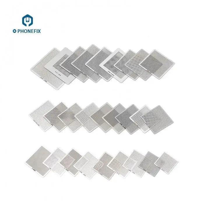 PhoneFix 36-piece BGA reballing stencil kit for cell phone soldering and rework, featuring precise mesh and stencil patterns.