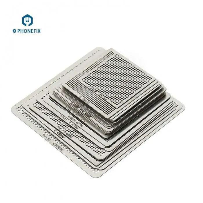 PHONEFIX 36-piece BGA reballing stencil kit for cell phone soldering and rework, featuring various stencil sizes on a net.