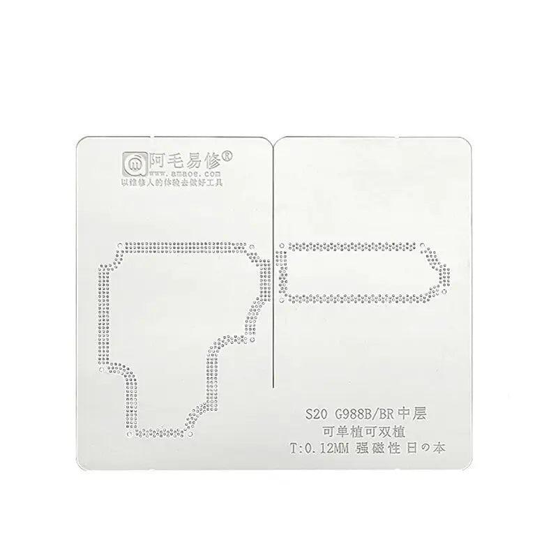 Amao S20 Ultra G988U/G988B BGA reballing stencil from PHONEFIX, displaying a middle layer planting platform for phone repair.