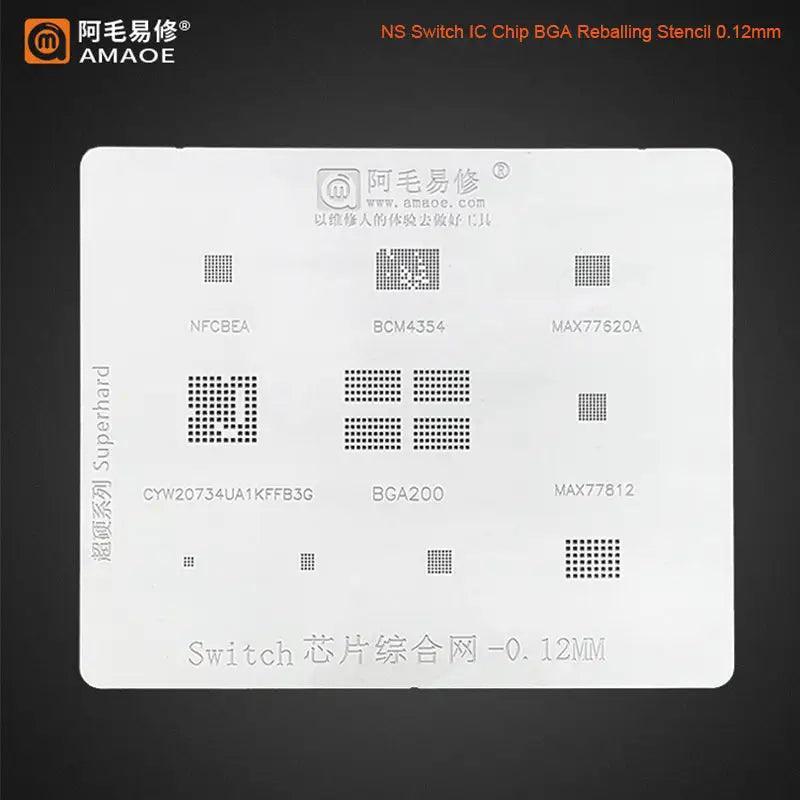Amaoe BGA Reballing Stencil Template for Nintendo Switch IC by PHONEFIX, showing detailed stencil design for reballing process.