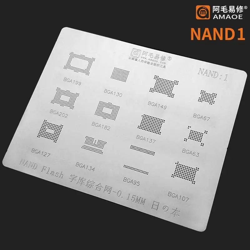 Amaoe BGA stencil for NAND flash reballing by PHONEFIX, featuring a planting tin net for precise reballing and chip repair.
