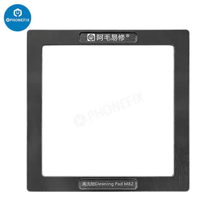 Amaoe M82 BGA reballing stencil for CPU NAND IC repair, featuring welding oil cleaning platform, by PHONEFIX.