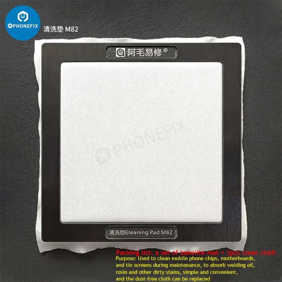 PhoneFix Amaoe M82 BGA Reballing Stencil for CPU and NAND IC repair, shown on a cleaning platform with precision drill holes.