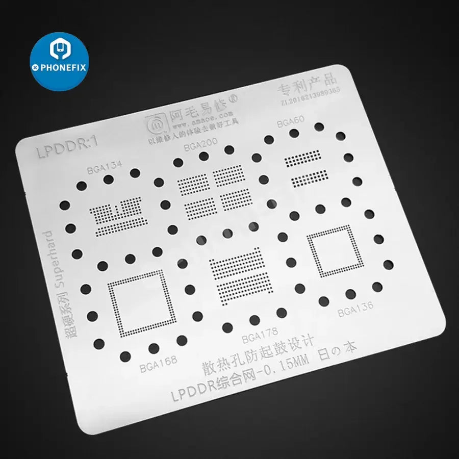 BGA Reballing Stencil set including BGA134, BGA200, BGA60, BGA168, BGA178, BGA136 ICs by PHONEFIX for electronics repair.