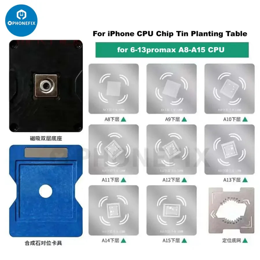 PHONEFIX BST-081 universal CPU reballing tin planting table for iPhone A9-A15 chips, BGA reballing stencil for precise chip repair.
