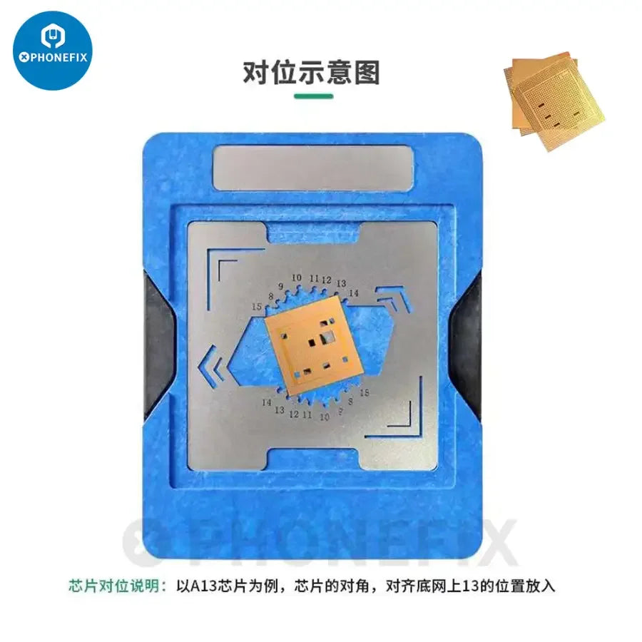 PHONEFIX BST-081 universal CPU reballing stencil table for iPhone A9 to A15 chips, used for BGA reballing and chip repair.