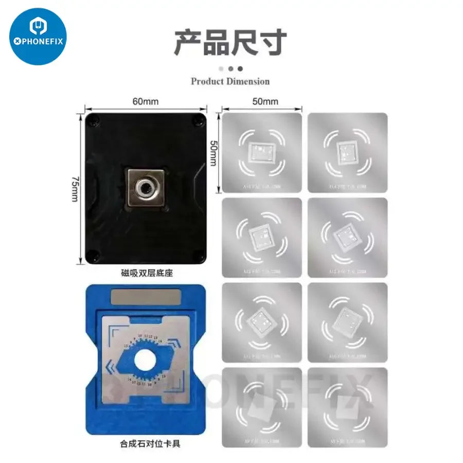 PhoneFix BST-081 universal BGA reballing stencil for iPhone CPU chips, used for precise CPU chip reballing and repair.