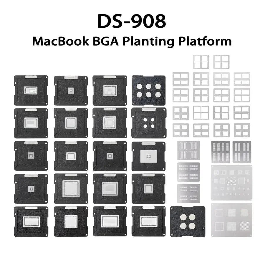 DS-908 Apple MacBook BGA reballing platform and soldering tool set by PHONEFIX, featuring a BGA reballing stencil for precise repairs.