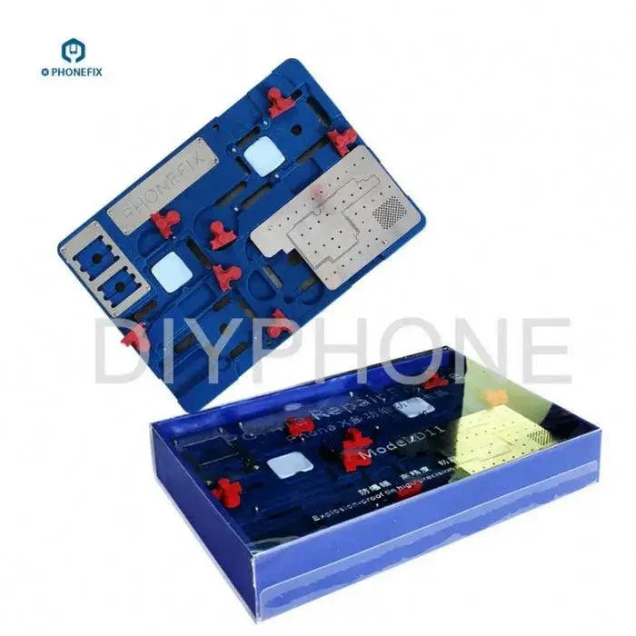 High-temperature iPhone X motherboard cooling and soldering platform with BGA reballing stencil from PHONEFIX, used for repairing iPhone X.