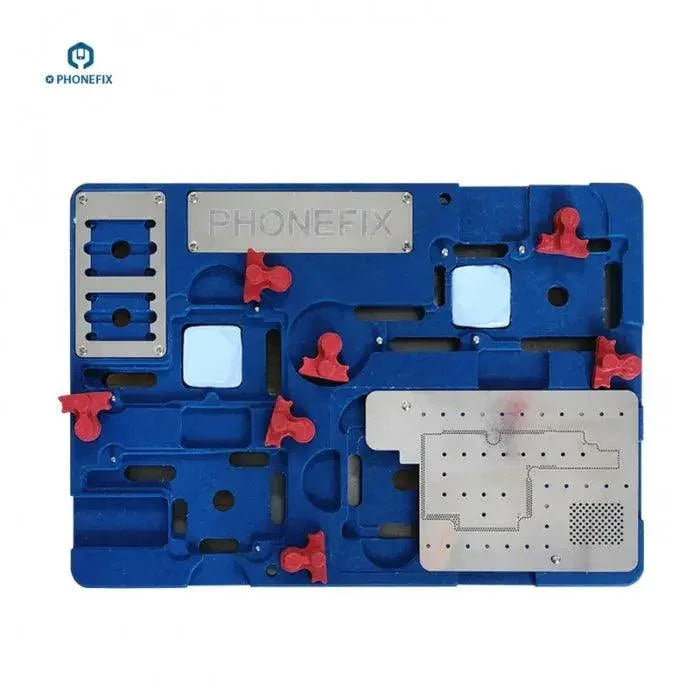 PhoneFix high-temperature iPhone X motherboard cooling soldering platform with BGA reballing stencil for precise repairs.