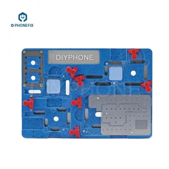 PhoneFix BGA reballing stencil for high-temperature iPhone X motherboard cooling and soldering platform, used for precise repair work.