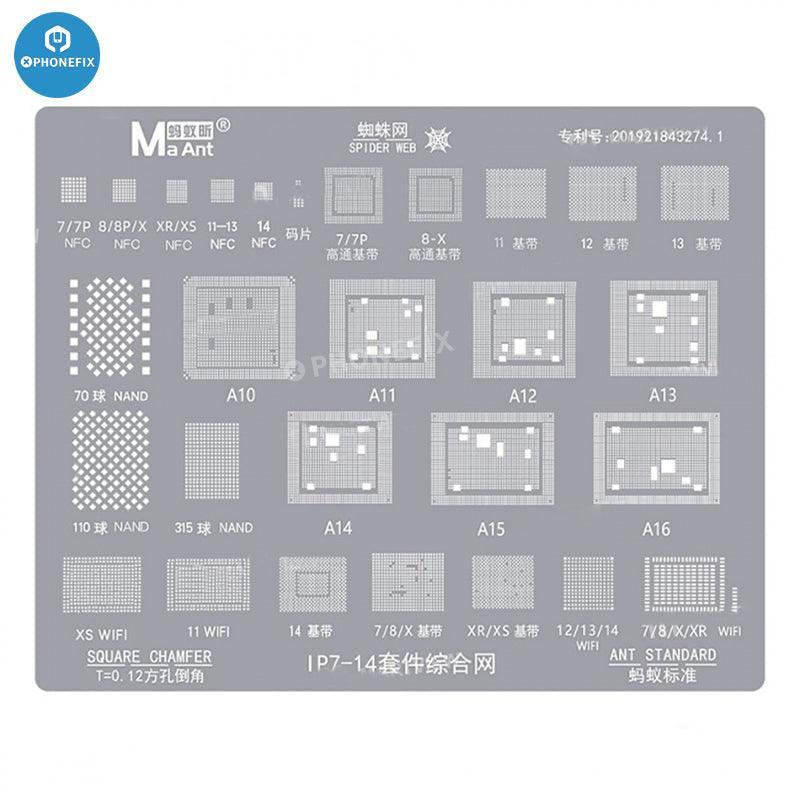 MaAnt WiFi Baseband CPU BGA Reballing Stencil for iPhone 7-14 Pro Max by PHONEFIX, used for precise repair and reballing.