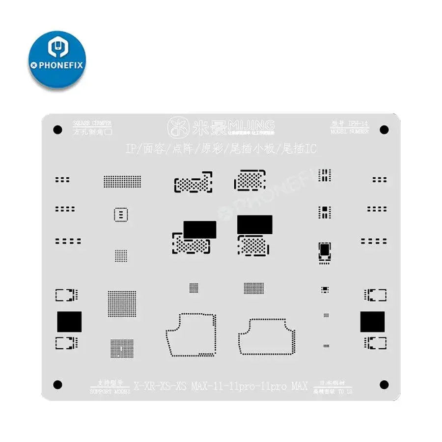 Pochoir de rebillage BGA en acier avec motif à matrice de points MJ pour iPhone X-11 Face ID, utilisé pour un placement précis de l'étain lors des réparations électroniques.