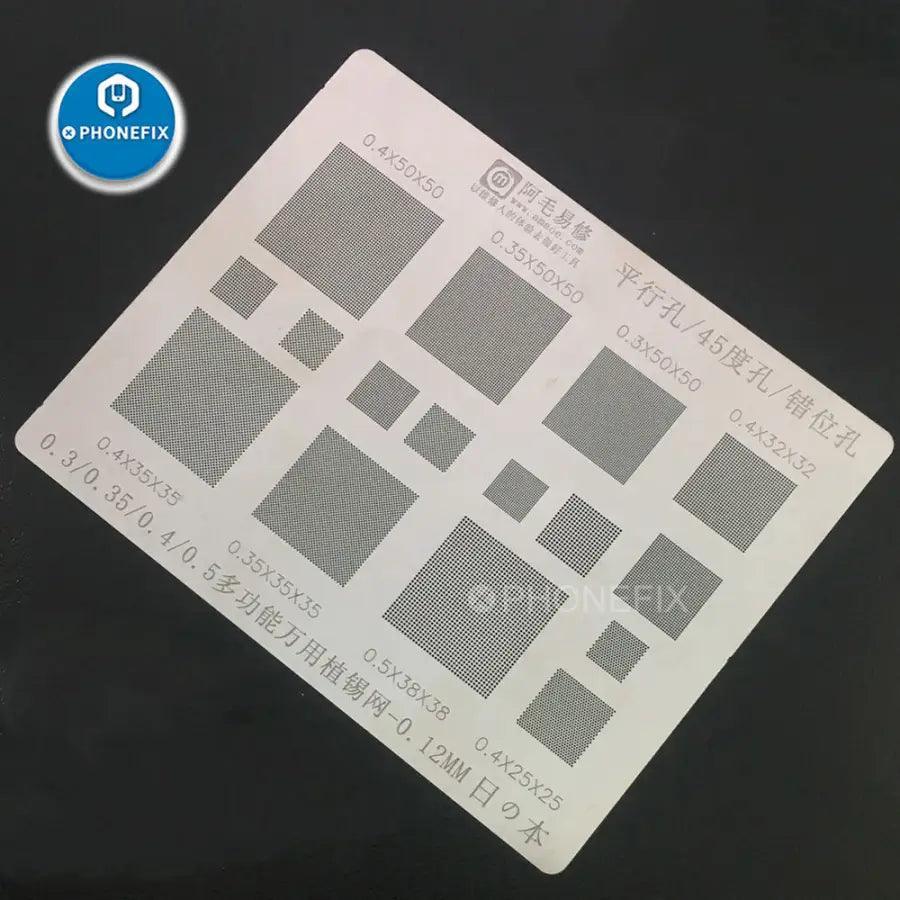 Phonefix multi-functional BGA reballing stencil with 0.12mm, 0.3, 0.35, 0.4, and 0.5mm openings for precise reballing.