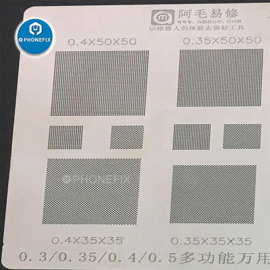 PhoneFix multi-functional BGA reballing stencil with 0.12mm holes, available in 0.3, 0.35, 0.4, and 0.5mm sizes, for electronics repair.