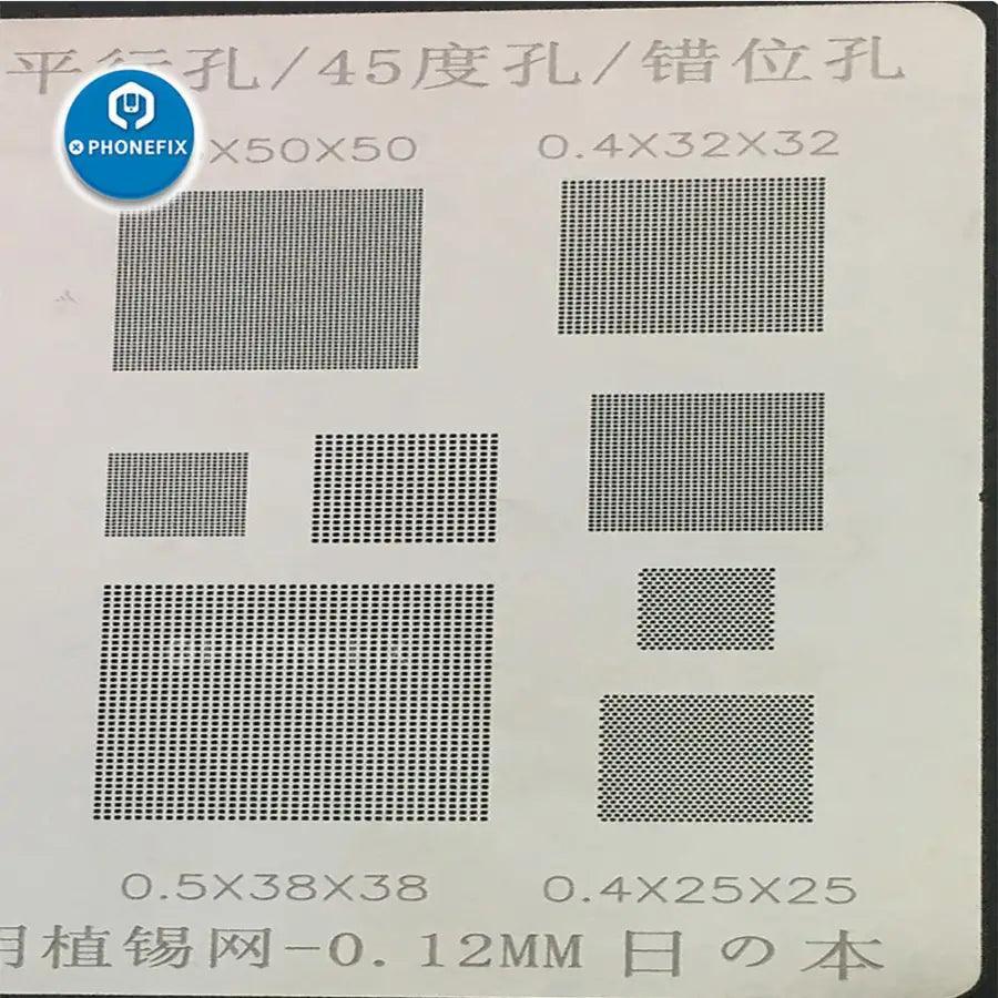 Phonefix multi-functional BGA reballing stencil with 0.12mm, 0.3, 0.35, 0.4, and 0.5mm openings for electronics repair.