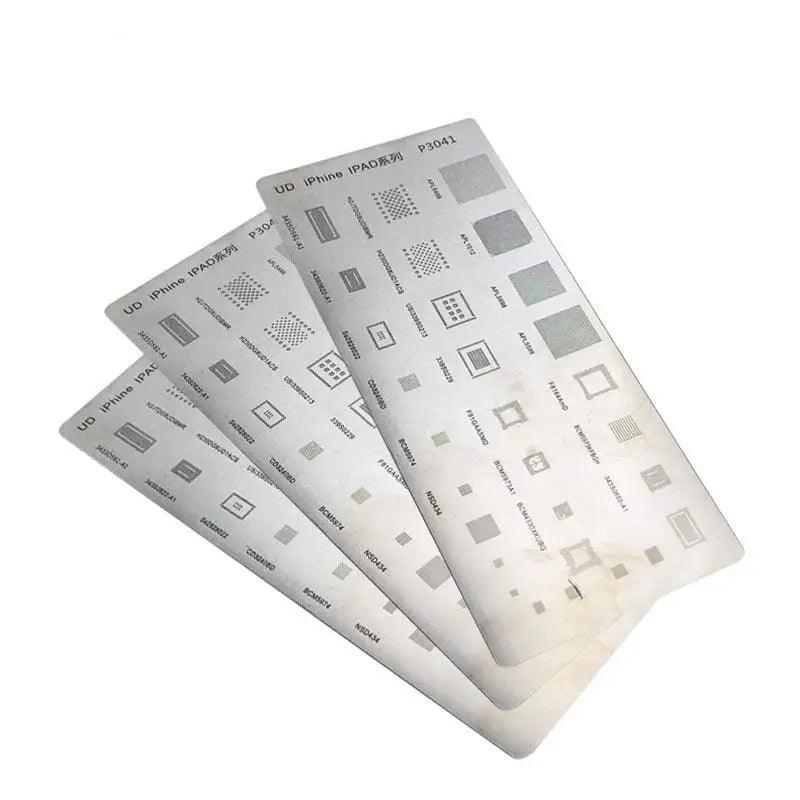 PHONEFIX BGA Reballing Stencil Template for iPad CPU, Power, Touch, and WiFi ICs, used for precise reballing repairs.