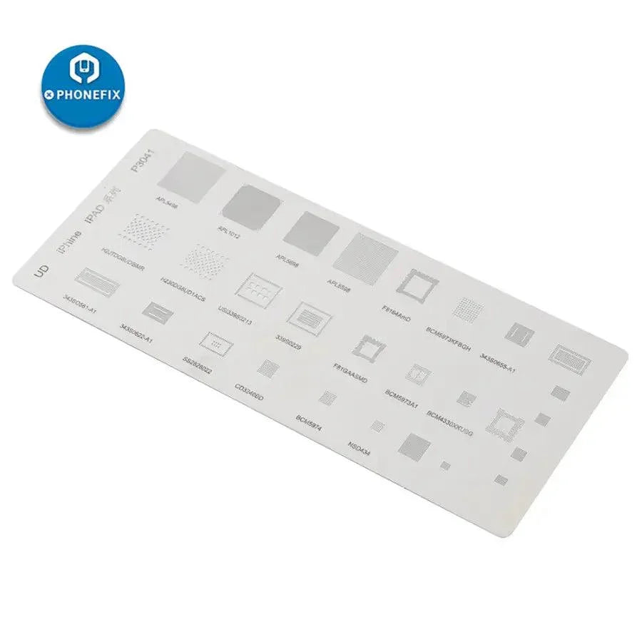 PhoneFix P3041 BGA Reballing Stencil template for iPad CPU, power, touch, and WiFi IC reballing with precision design.