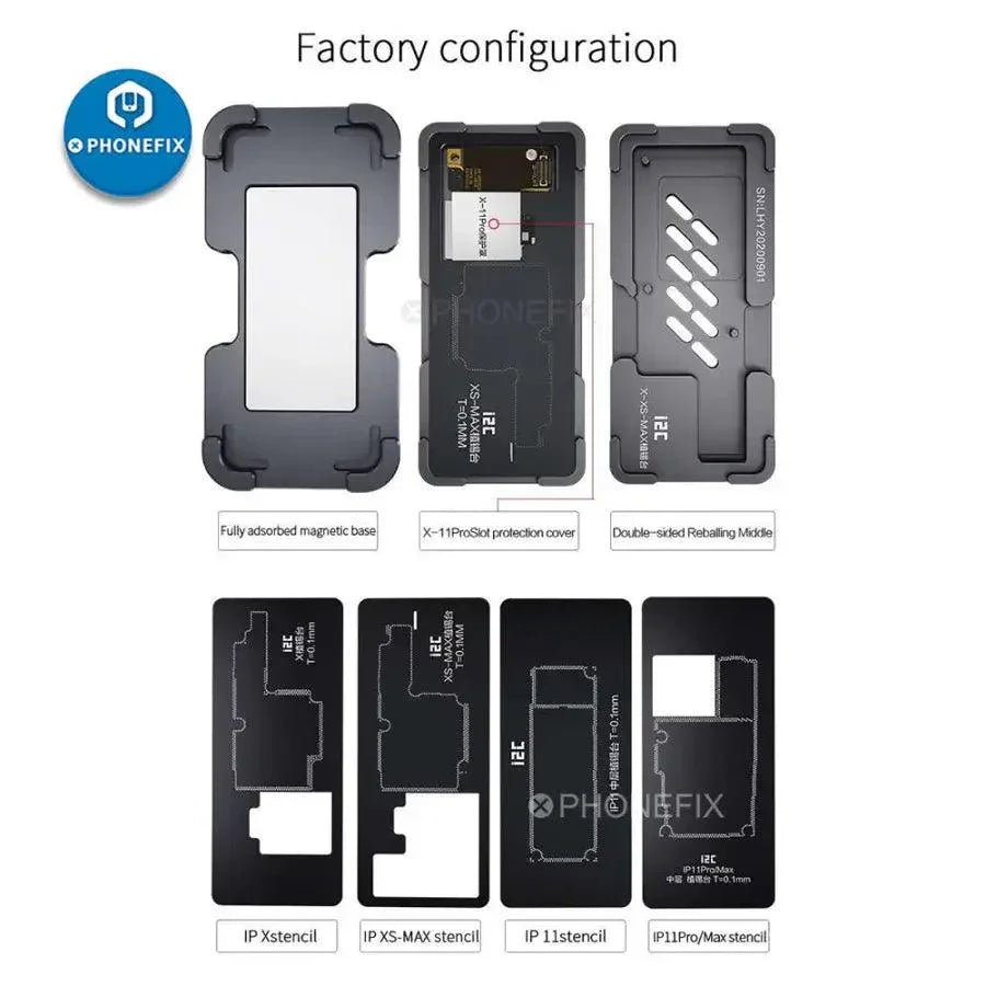 QianLi i2C Middle Frame Reballing Platform for iPhone X to 11 Pro Max BGA stencil used for iPhone repair.