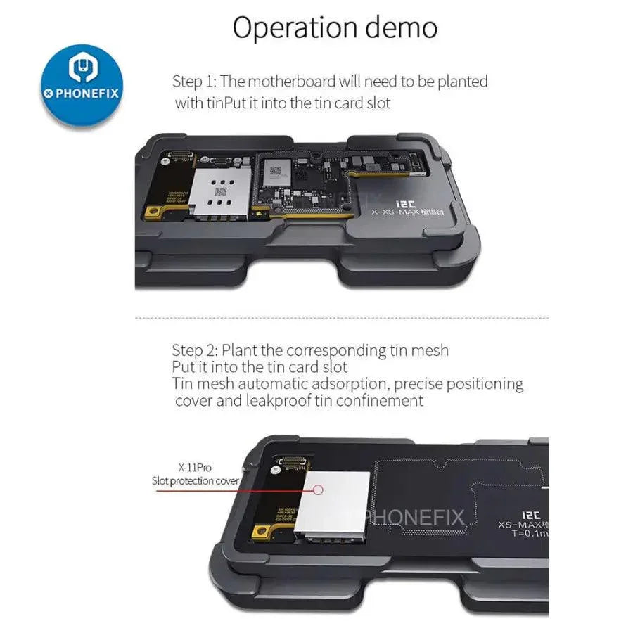 QianLi i2C Middle Frame BGA Reballing Platform for iPhone X to 11 Pro Max, PHONEFIX brand, showing the stencil and reballing setup.