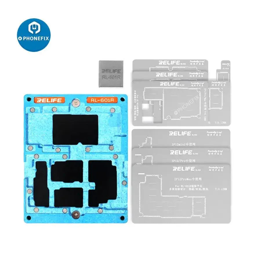 RELIFE RL-601R 10-in-1 BGA reballing stencil kit for iPhone X to 12 Pro Max, shown with various stencil sizes for phone repair.