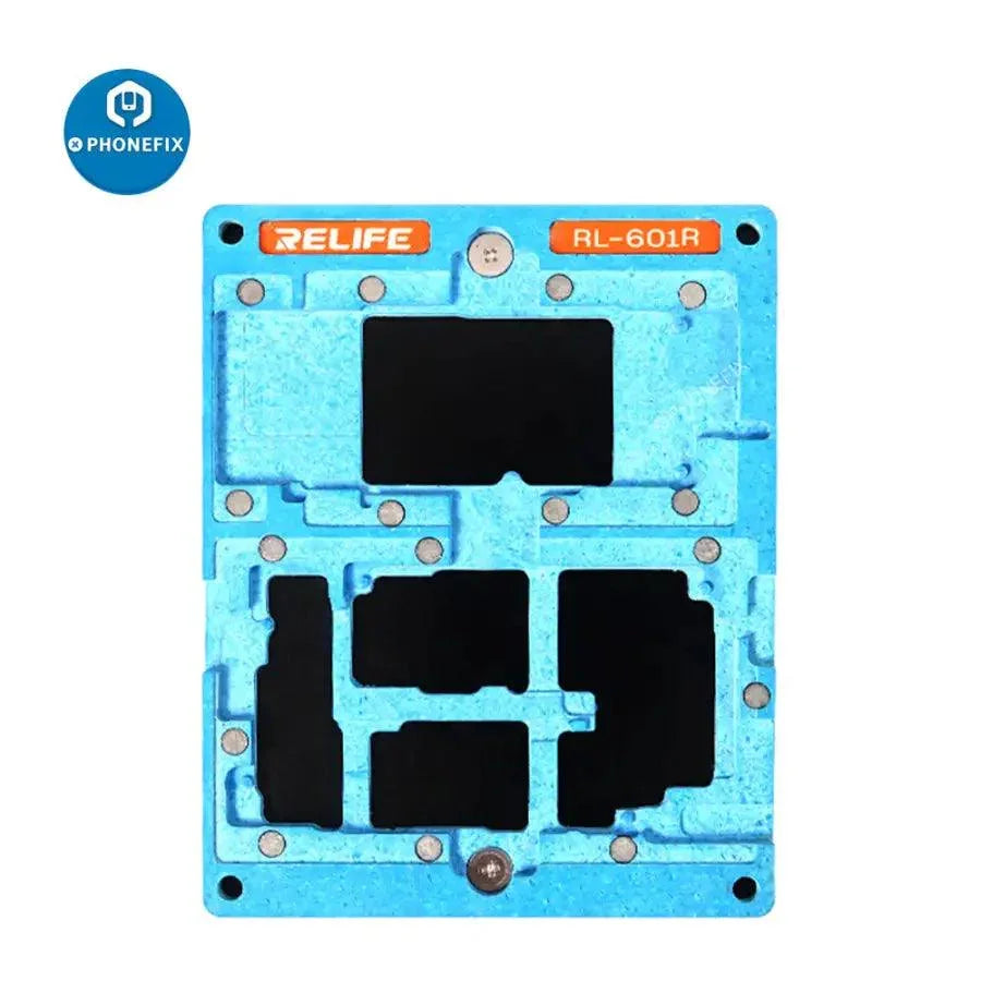 RELIFE RL-601R BGA reballing stencil kit for iPhone X-12 Pro Max, used for precise middle frame reballing repair.