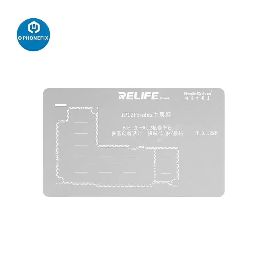 BGA reballing stencil from PHONEFIX for RELIFE RL-601R 10-in-1 middle frame reballing kit for iPhone X to Max.